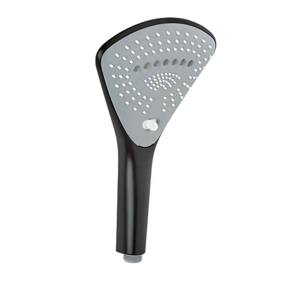 Handbrause in mattschwarz mit einem ergonomischen Griff und mehreren Strahlarten. Die Marke Kludi ist sichtbar.